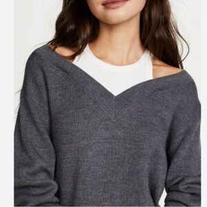 T by Alexander Wang Gray V-Neck Sweater XS | Double-Layer Rib Knit